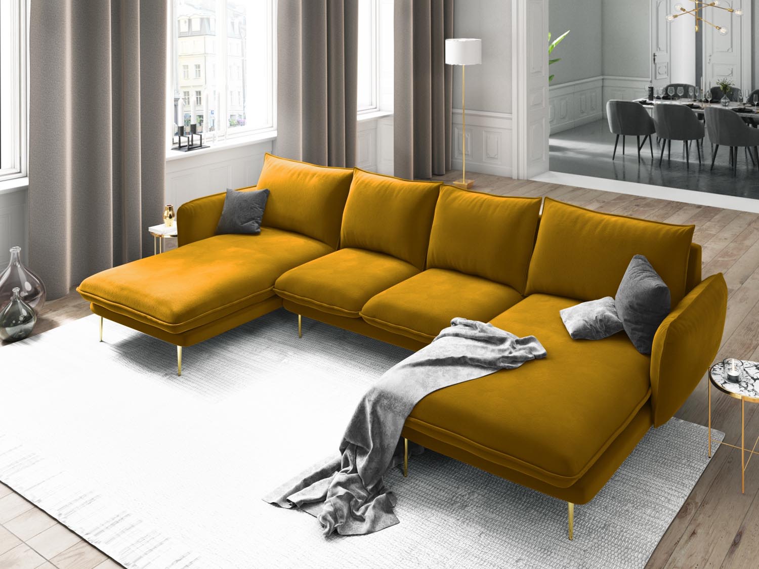 Entdecken Sie das elegante Vienna Velour Panoramic Sofa für 6 Personen. Luxuriöser Veloursstoff und modernes Design für Ihr Wohnzimmer.