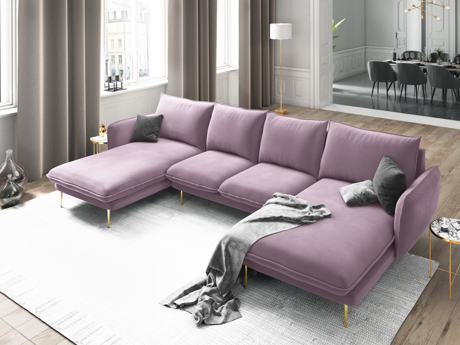 Entdecken Sie das elegante Vienna Velour Panoramic Sofa für 6 Personen. Luxuriöser Veloursstoff und modernes Design für Ihr Wohnzimmer.