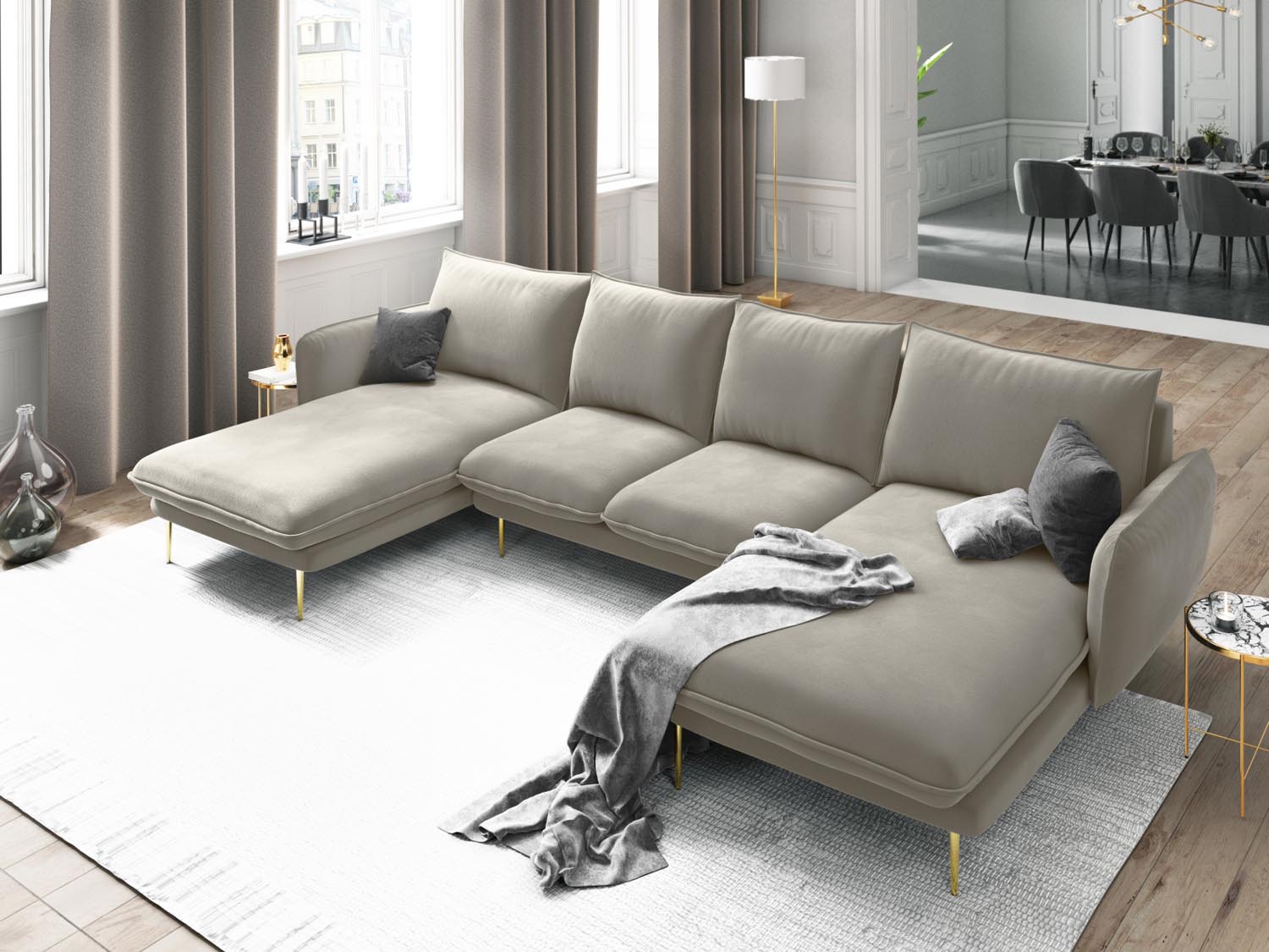 Entdecken Sie das elegante Vienna Velour Panoramic Sofa für 6 Personen. Luxuriöser Veloursstoff und modernes Design für Ihr Wohnzimmer.