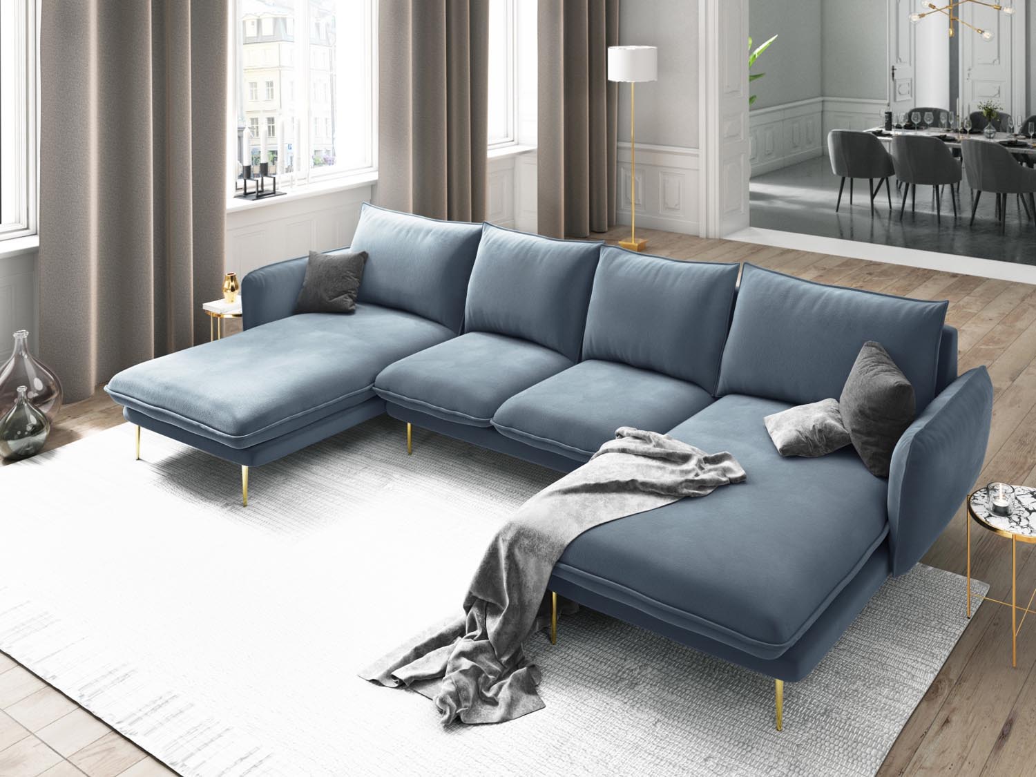 Entdecken Sie das elegante Vienna Velour Panoramic Sofa für 6 Personen. Luxuriöser Veloursstoff und modernes Design für Ihr Wohnzimmer.