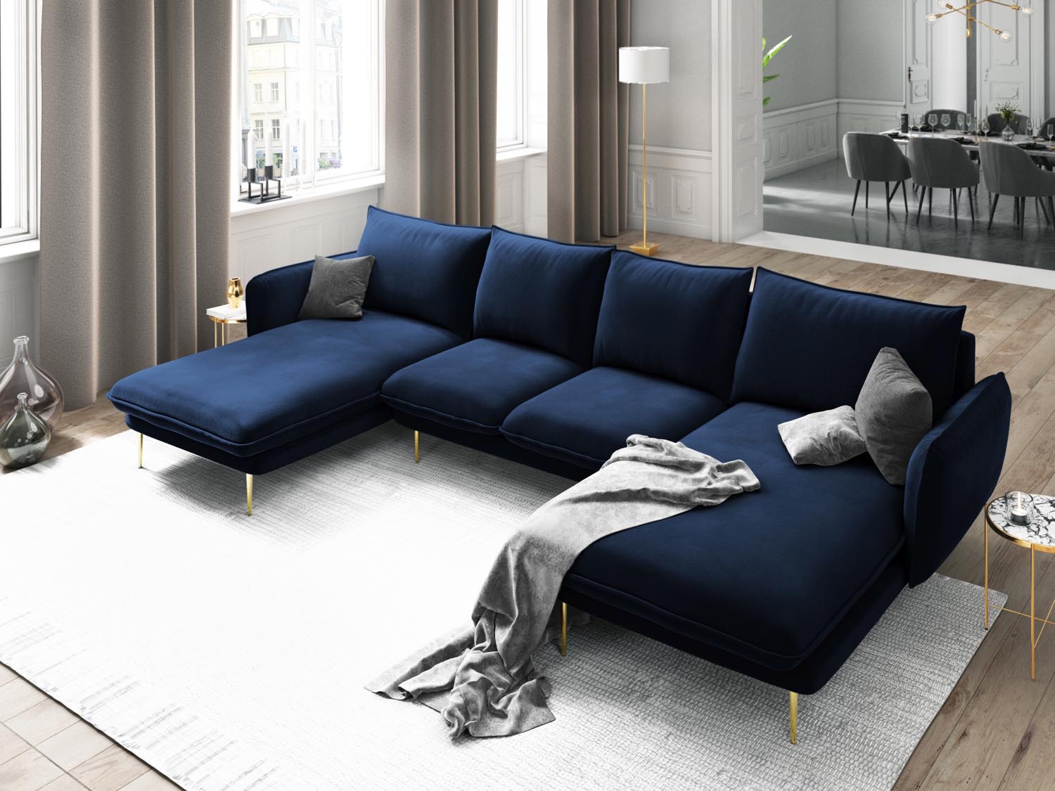 Entdecken Sie das elegante Vienna Velour Panoramic Sofa für 6 Personen. Luxuriöser Veloursstoff und modernes Design für Ihr Wohnzimmer.
