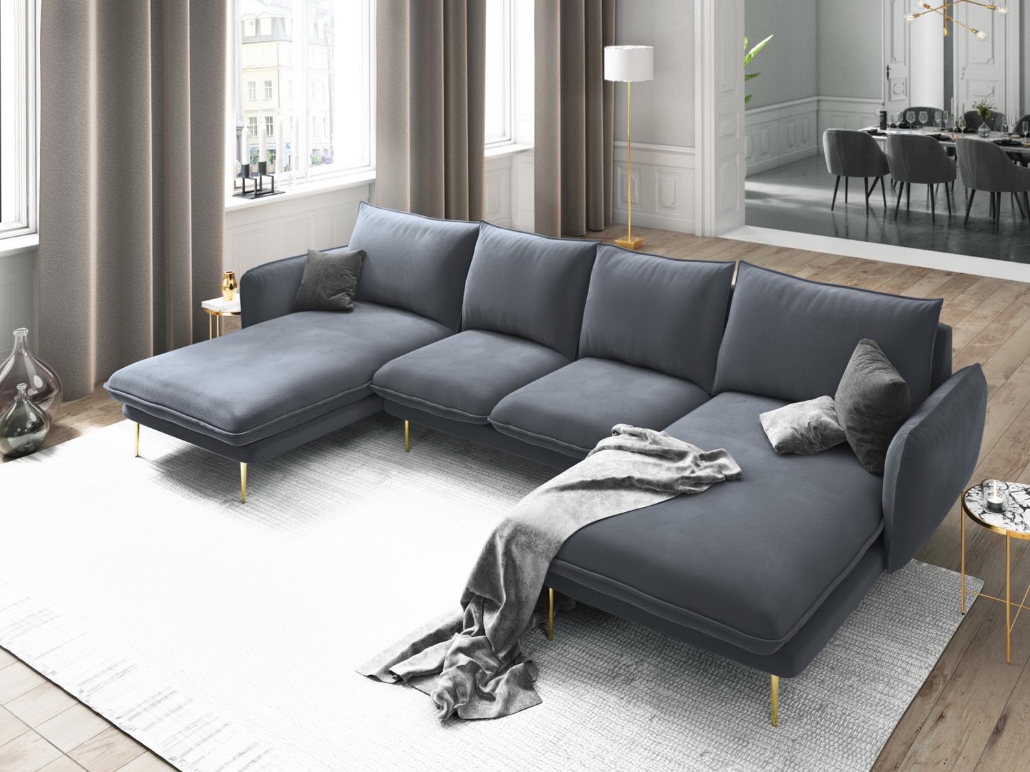 Entdecken Sie das elegante Vienna Velour Panoramic Sofa für 6 Personen. Luxuriöser Veloursstoff und modernes Design für Ihr Wohnzimmer.