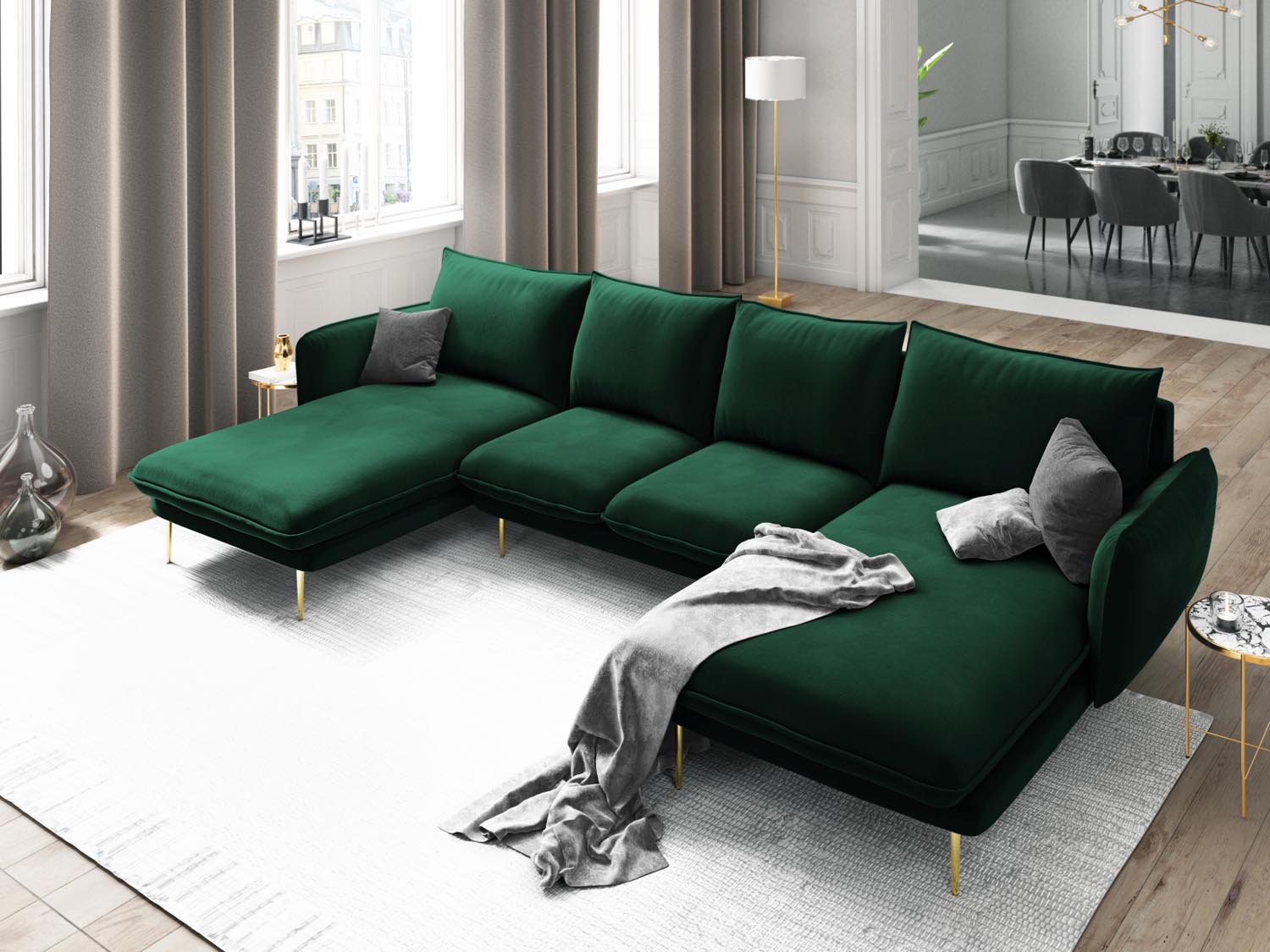 Vienna Velour Panoramic Sofa 6 Sitzer 170cm in Bottle Green/Gold präsentiert im Onlineshop von KAQTU Design AG. 3er Sofa ist von Cosmopolitan Design