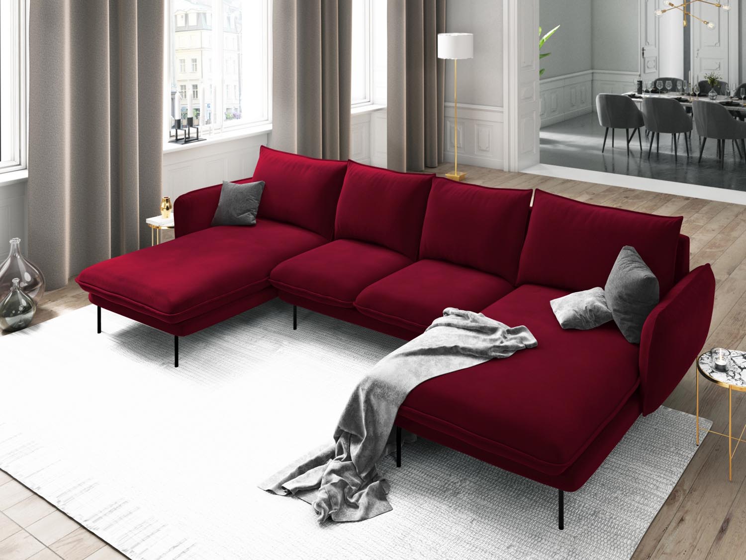 Entdecken Sie das elegante Vienna Velour Panoramic Sofa für 6 Personen. Luxuriöser Veloursstoff und modernes Design für Ihr Wohnzimmer.