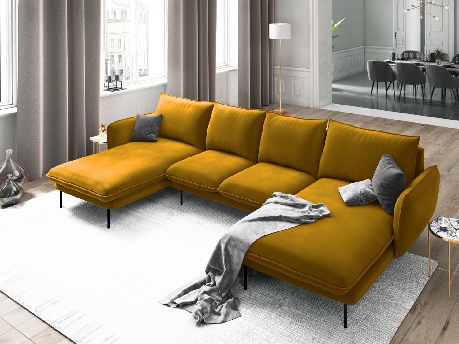 Entdecken Sie das elegante Vienna Velour Panoramic Sofa für 6 Personen. Luxuriöser Veloursstoff und modernes Design für Ihr Wohnzimmer.