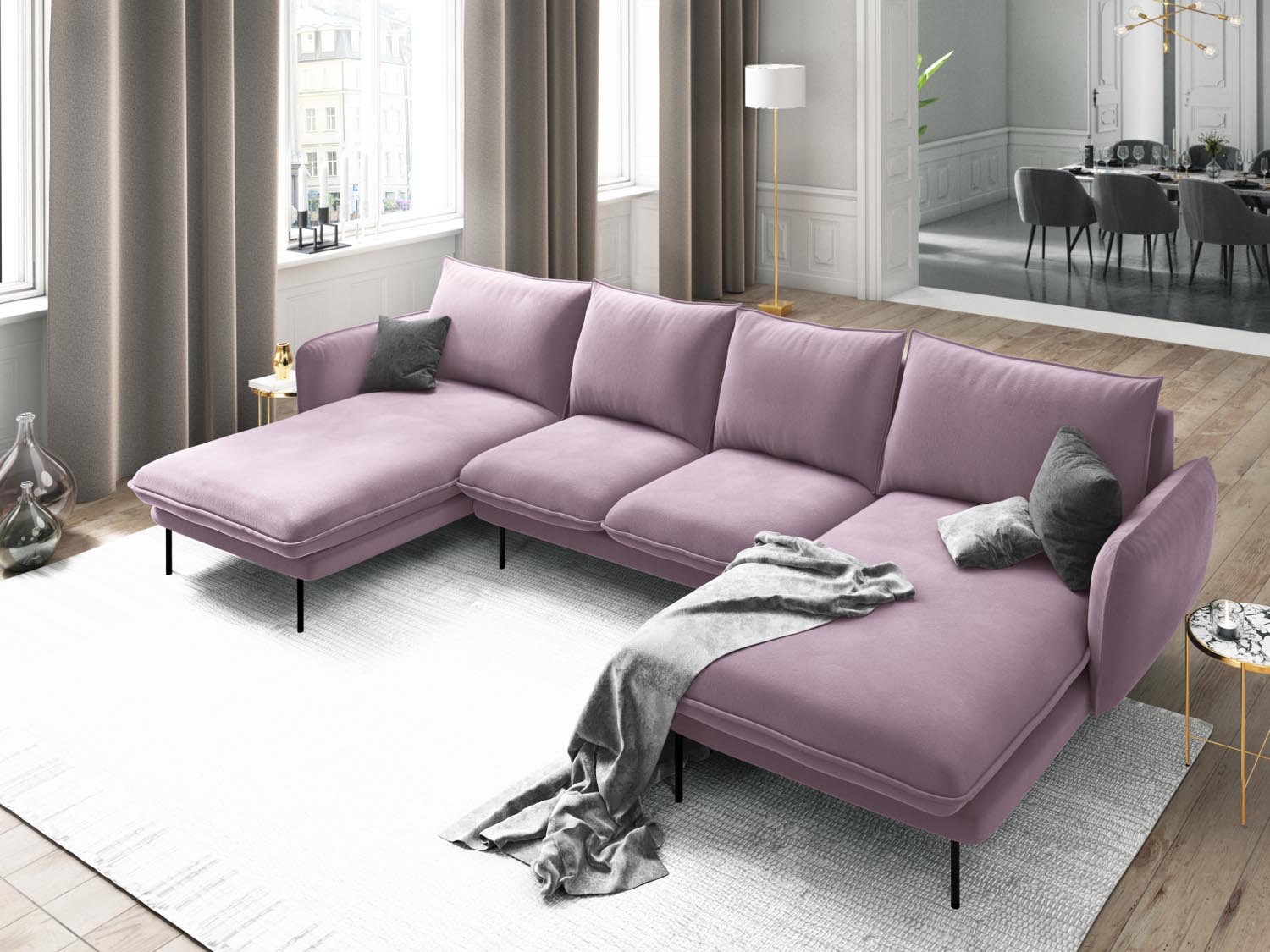 Entdecken Sie das elegante Vienna Velour Panoramic Sofa für 6 Personen. Luxuriöser Veloursstoff und modernes Design für Ihr Wohnzimmer.