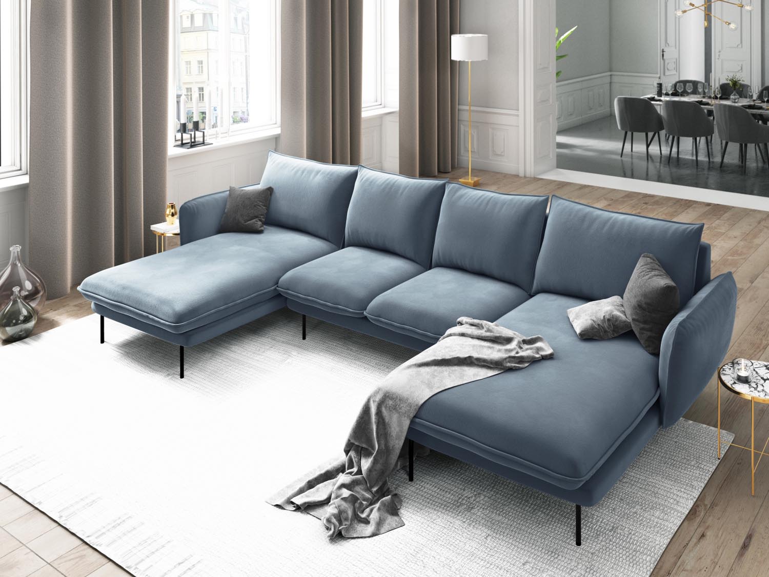 Entdecken Sie das elegante Vienna Velour Panoramic Sofa für 6 Personen. Luxuriöser Veloursstoff und modernes Design für Ihr Wohnzimmer.