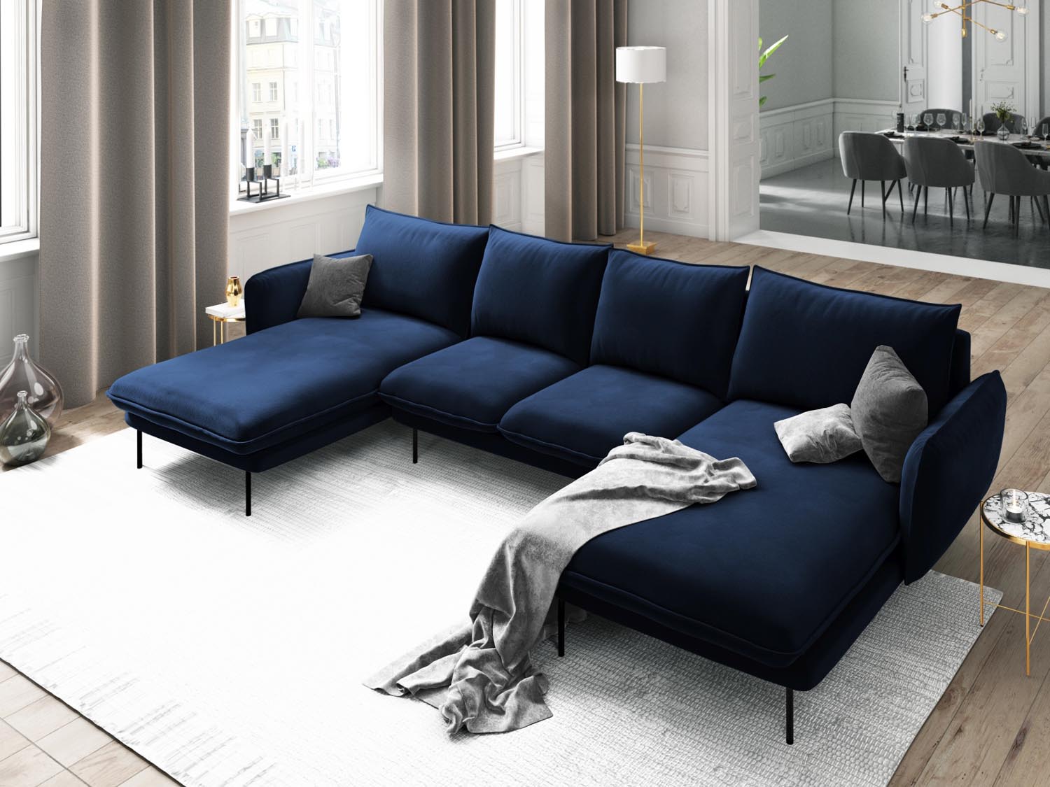 Entdecken Sie das elegante Vienna Velour Panoramic Sofa für 6 Personen. Luxuriöser Veloursstoff und modernes Design für Ihr Wohnzimmer.
