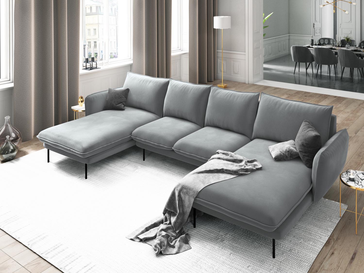 Entdecken Sie das elegante Vienna Velour Panoramic Sofa für 6 Personen. Luxuriöser Veloursstoff und modernes Design für Ihr Wohnzimmer.
