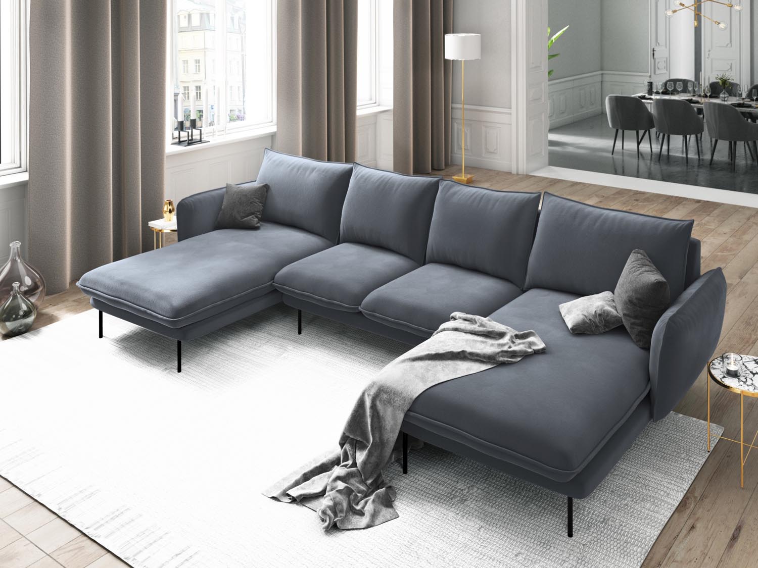 Entdecken Sie das elegante Vienna Velour Panoramic Sofa für 6 Personen. Luxuriöser Veloursstoff und modernes Design für Ihr Wohnzimmer.