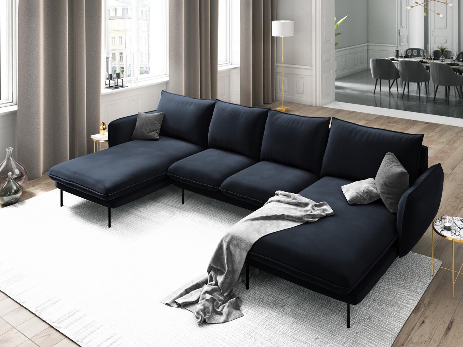 Entdecken Sie das elegante Vienna Velour Panoramic Sofa für 6 Personen. Luxuriöser Veloursstoff und modernes Design für Ihr Wohnzimmer.