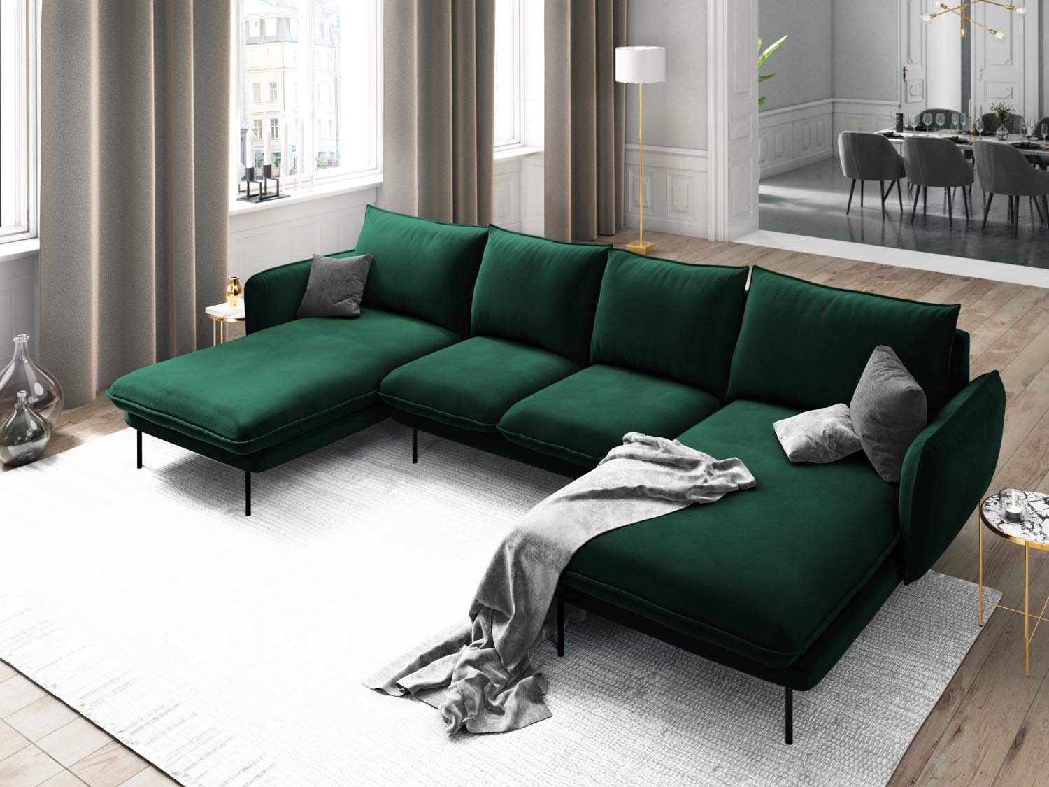 Entdecken Sie das elegante Vienna Velour Panoramic Sofa für 6 Personen. Luxuriöser Veloursstoff und modernes Design für Ihr Wohnzimmer.