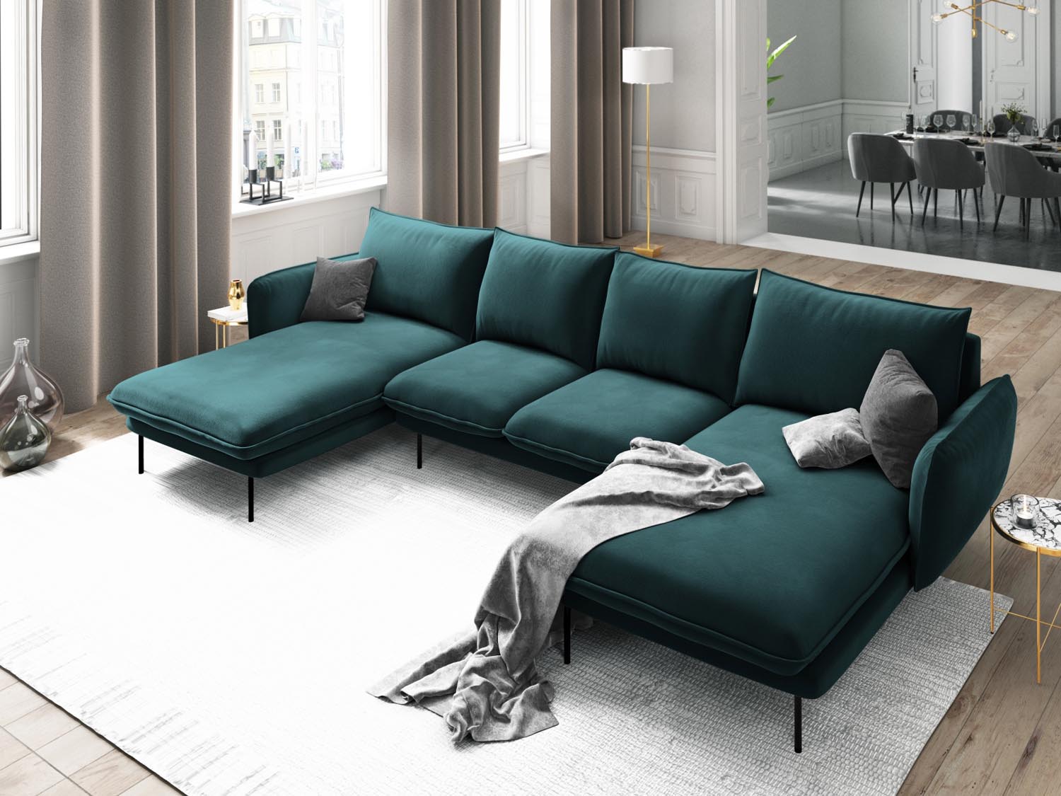 Entdecken Sie das elegante Vienna Velour Panoramic Sofa für 6 Personen. Luxuriöser Veloursstoff und modernes Design für Ihr Wohnzimmer.