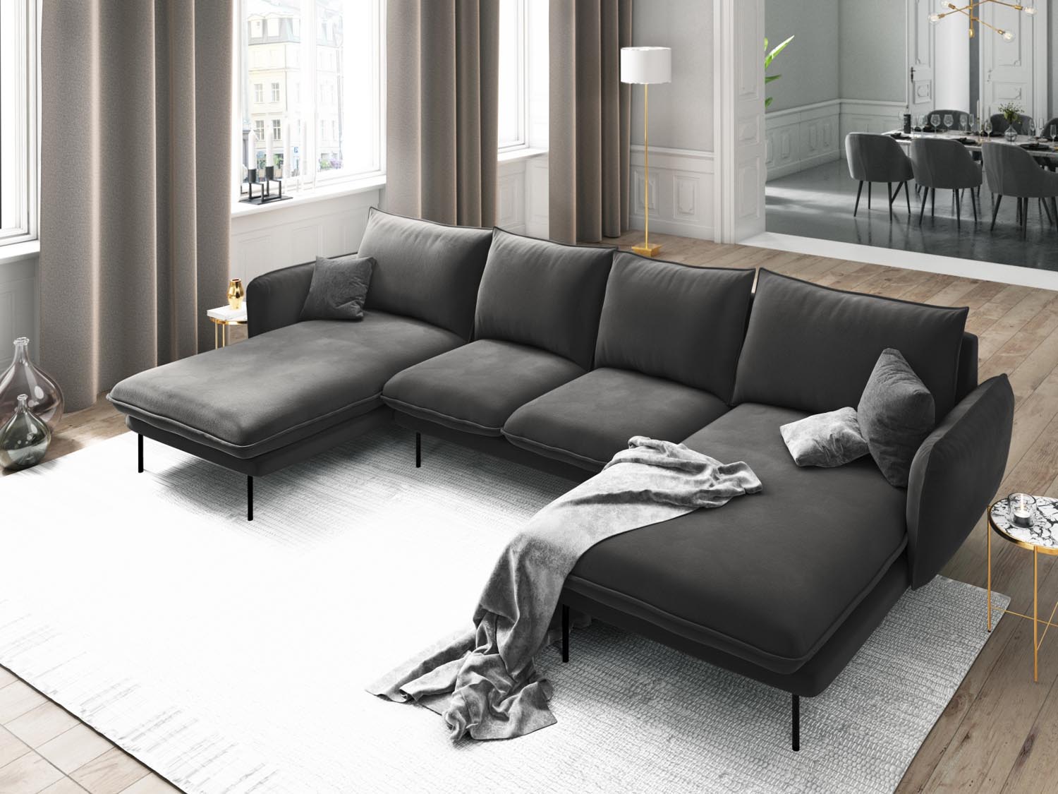 Entdecken Sie das elegante Vienna Velour Panoramic Sofa für 6 Personen. Luxuriöser Veloursstoff und modernes Design für Ihr Wohnzimmer.