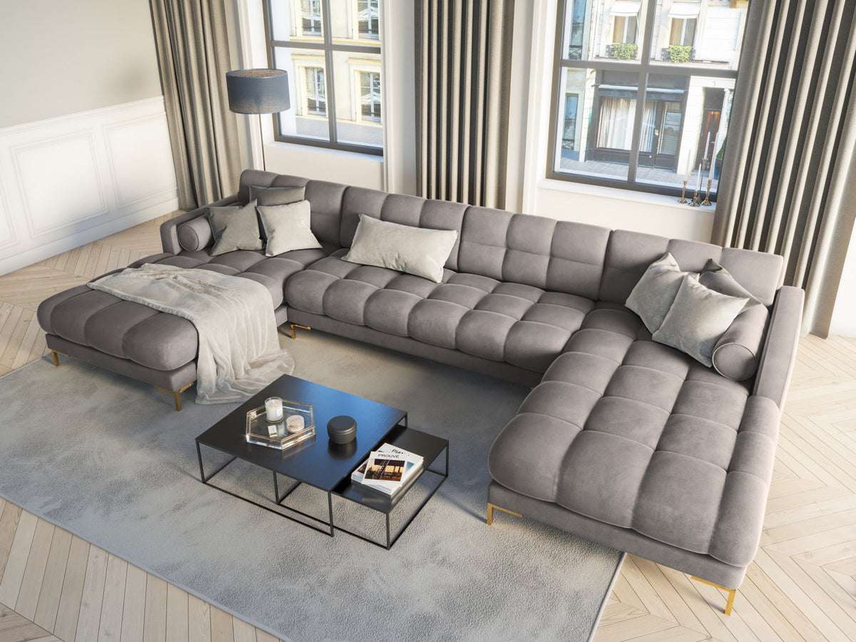 Ecksofa 7-Sitzer Panoramic Sofa Bali mit Stoffbezug, Récamière und Metallbeinen