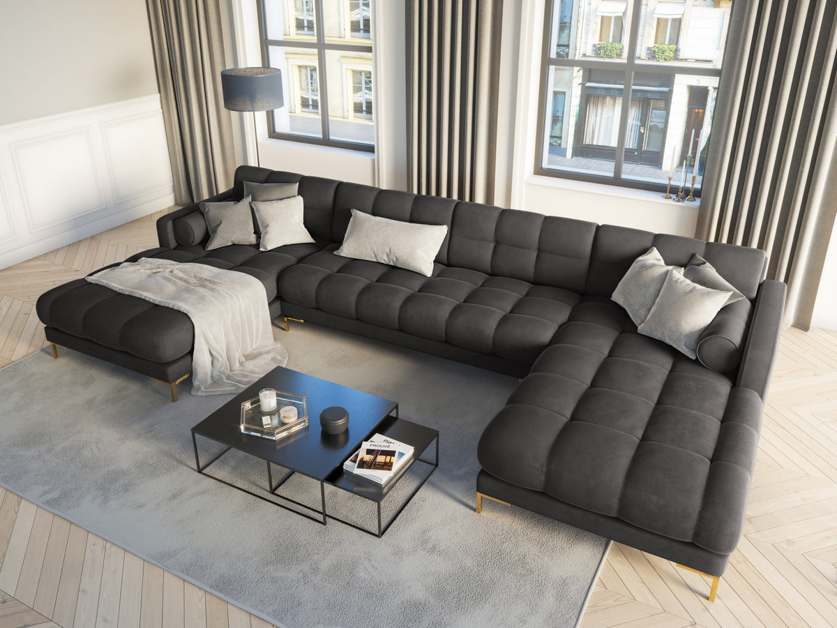 Ecksofa 7-Sitzer Panoramic Sofa Bali mit Stoffbezug, Récamière und Metallbeinen