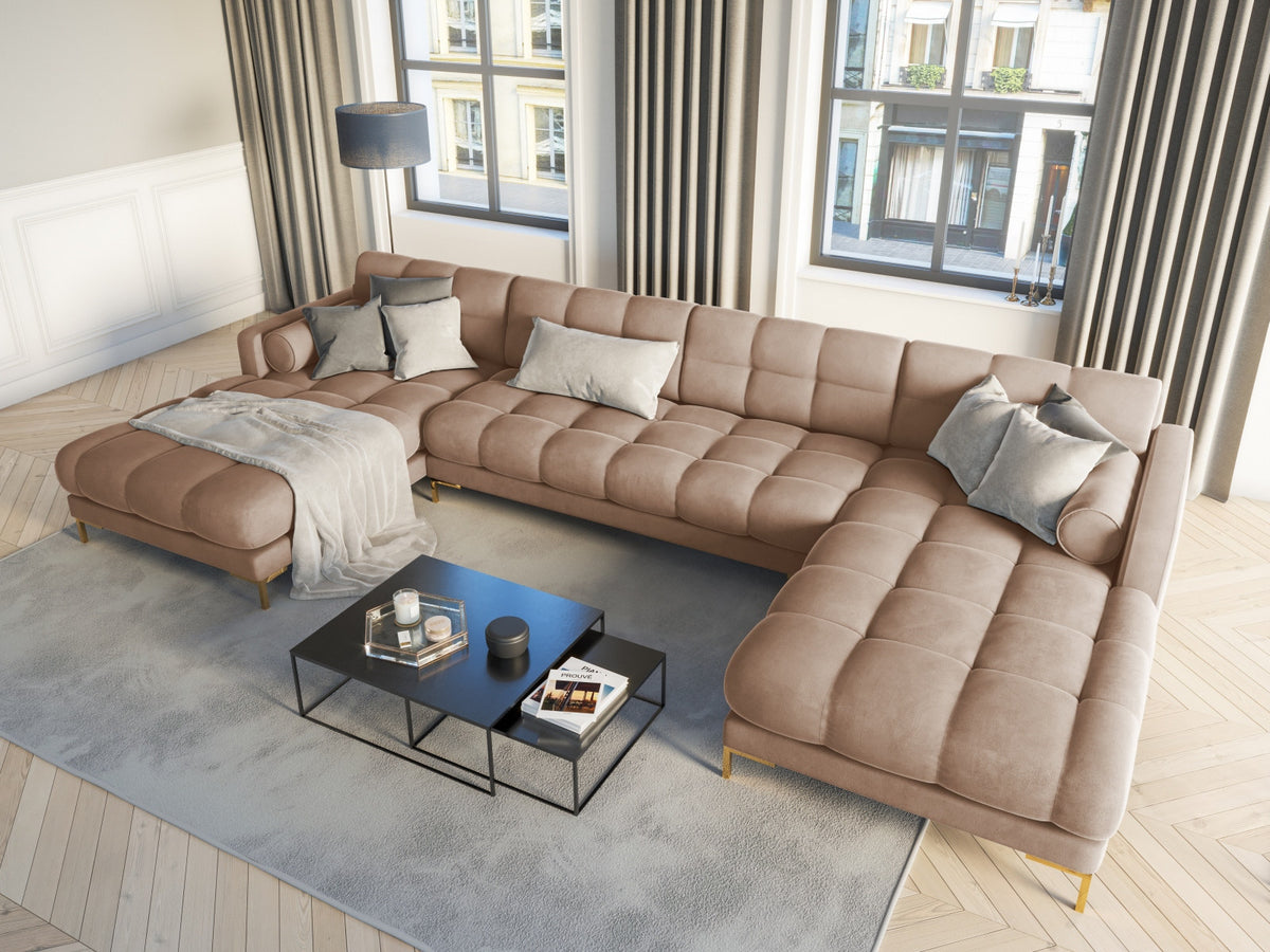 Ecksofa 7-Sitzer Panoramic Sofa Bali mit Stoffbezug, Récamière und Metallbeinen