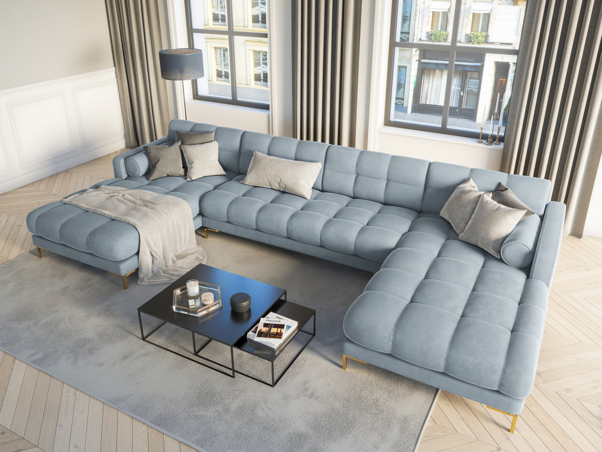 Ecksofa 7-Sitzer Panoramic Sofa Bali mit Stoffbezug, Récamière und Metallbeinen