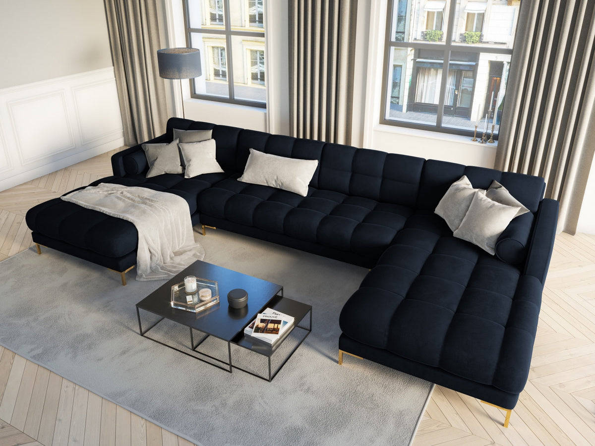 Ecksofa 7-Sitzer Panoramic Sofa Bali mit Stoffbezug, Récamière und Metallbeinen