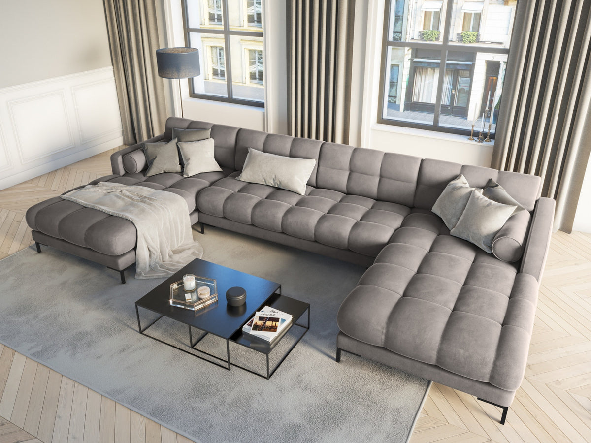 Ecksofa 7-Sitzer Panoramic Sofa Bali mit Stoffbezug, Récamière und Metallbeinen