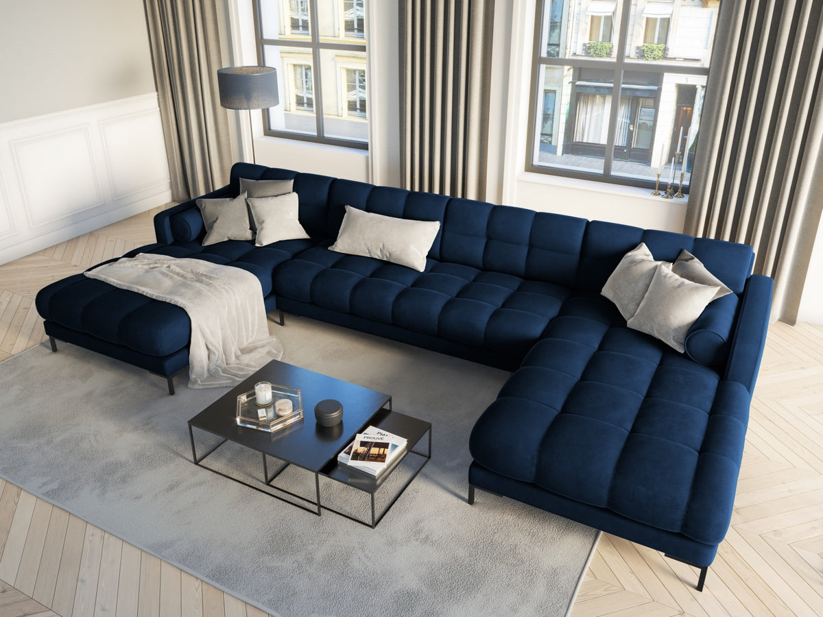 Ecksofa 7-Sitzer Panoramic Sofa Bali mit Stoffbezug, Récamière und Metallbeinen