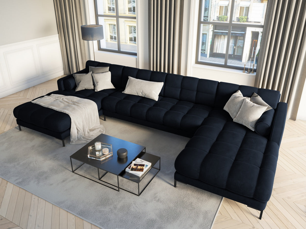 Ecksofa 7-Sitzer Panoramic Sofa Bali mit Stoffbezug, Récamière und Metallbeinen