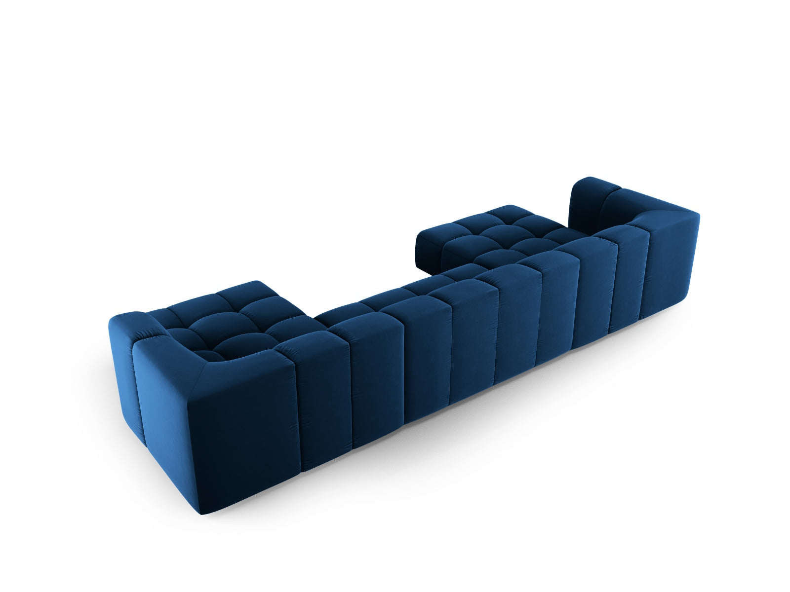 Modernes 5-Sitzer Panoramic Sofa Moritz in Royal Blue-Bluvel, perfekt für gemütliche und stilvolle Wohnzimmergestaltung.
