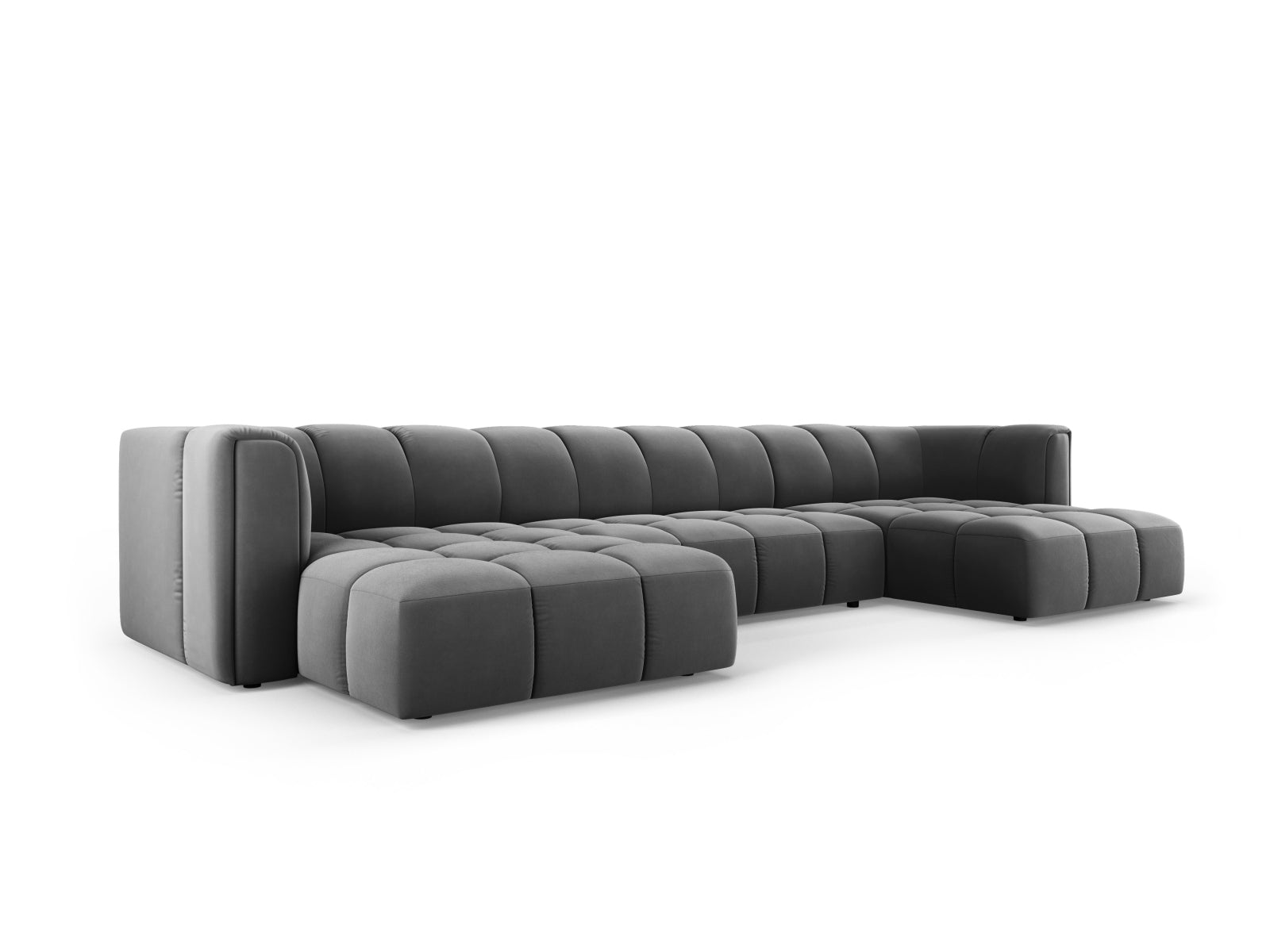 Elegantes 5-Sitzer Ecksofa Moritz in stilvollem Grey-Bluvel, ideal für moderne Wohnräume, erhältlich bei KAQTU Design AG.