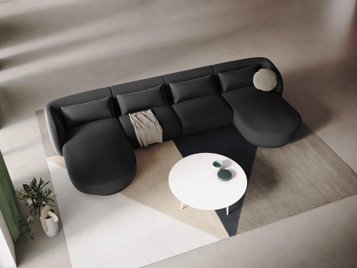 Elegantes Tulum Velour Panoramic Sofa in Grau-Blau, ideal für stilvolle Wohnräume. Komfortables 5-Sitzer Design von Cosmopolitan Design.