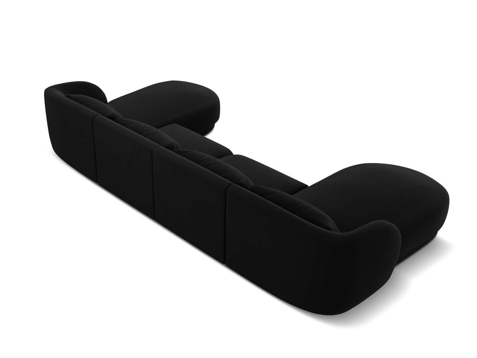 Elegantes 5-Sitzer Sofa Tulum aus Velours in Schwarz-Bluvel, ideal für moderne Wohnräume und gemütliche Abende.