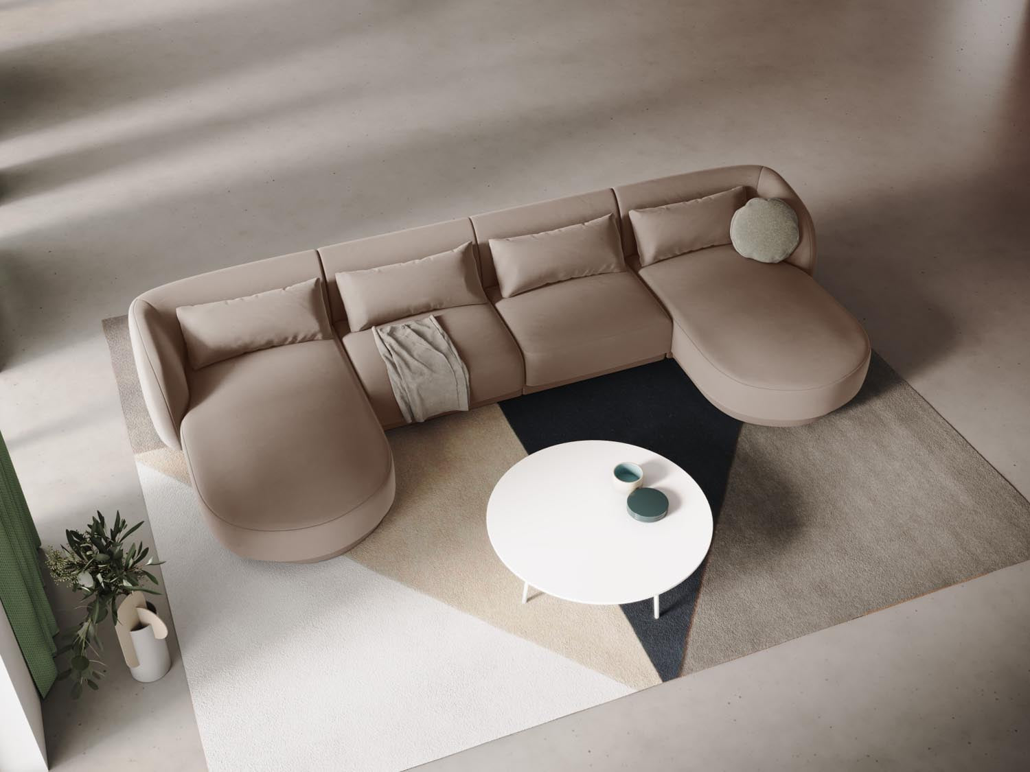 Beige Velour Panoramic Sofa mit 5 Sitzen, stilvolles Design von Cosmopolitan, ideal für moderne Wohnräume.