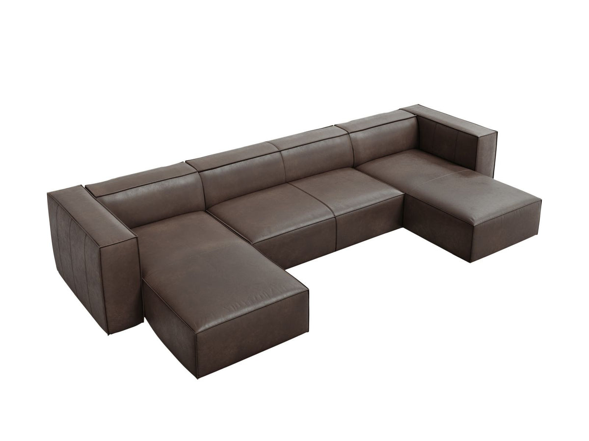 Panorama-Sofa Turin aus Rindsleder in Grau-Braun mit Récamiere, Massivholzrahmen und Beinen aus schwarzem Buchenholz, 375 cm breit.