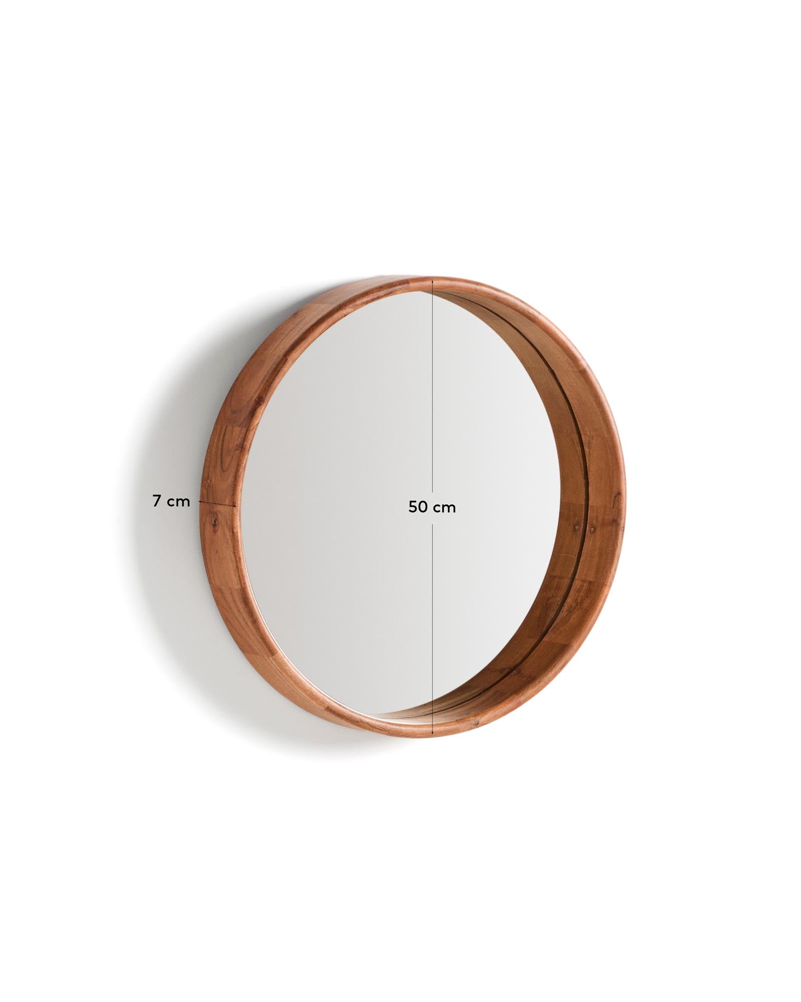 Runder Wandspiegel Berale aus hochwertigem Akazienholz, Ø 49,5 cm, mit natürlicher Holzmaserung, perfekt für moderne Inneneinrichtungen.
