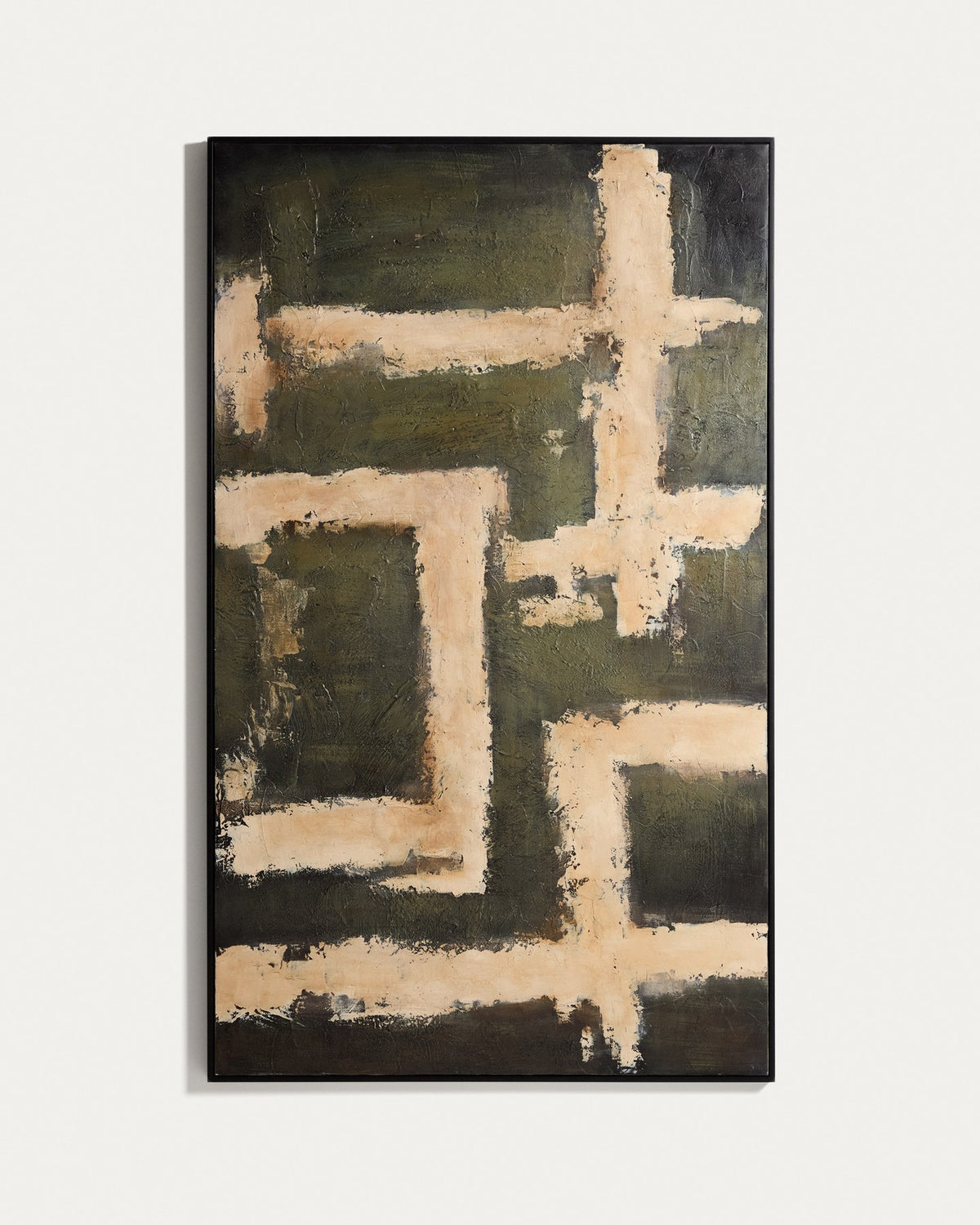 Abstraktes Wandbild Emeri aus Kiefernholz und Segeltuch in Oliv- und Beigetönen, handgemalt, Masse 120 x 200 cm, dunkelgrüner Farbton.