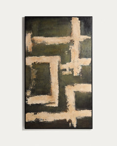 Abstraktes Bild Emeri, handgemalt in Oliv- und Beigetönen, 120 x 200 cm