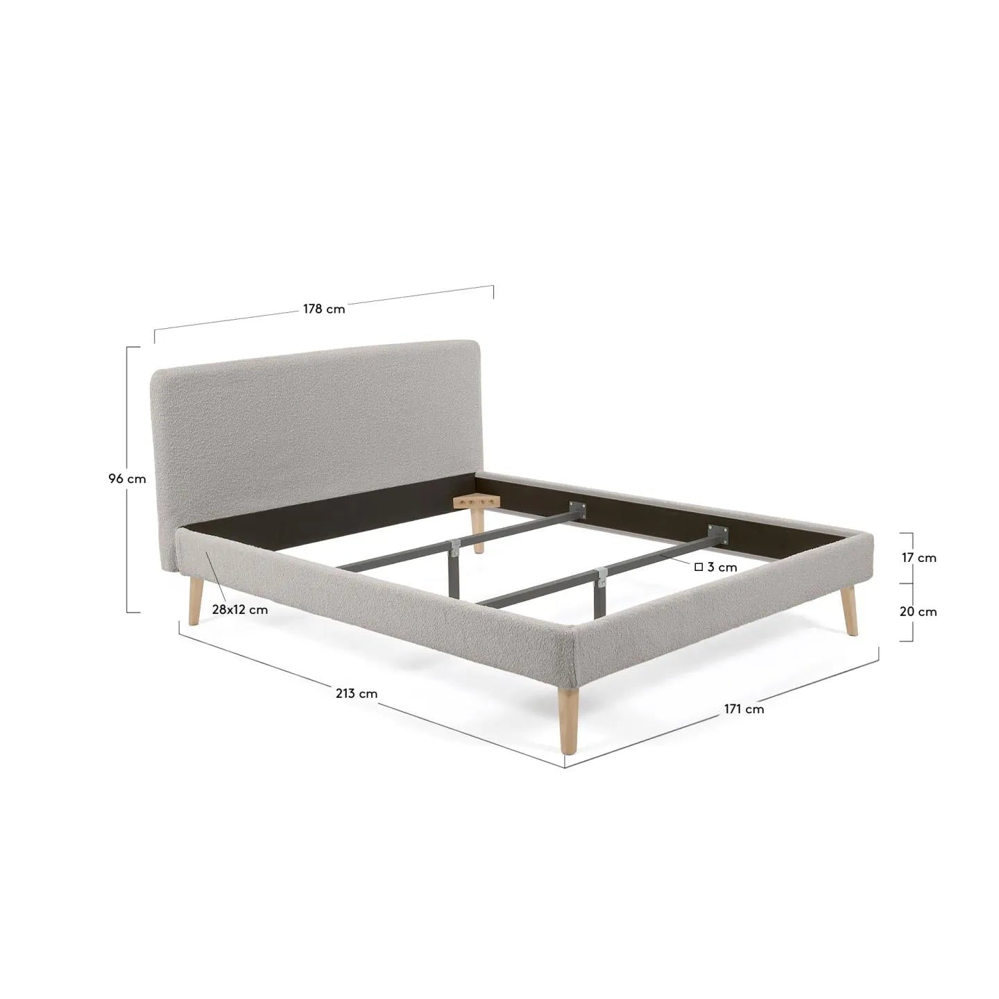 Stilvolles Dyla Bett von Kave Home in hellgrauem Bouclé, geeignet für 160x200 cm Matratzen. Modern und komfortabel.
