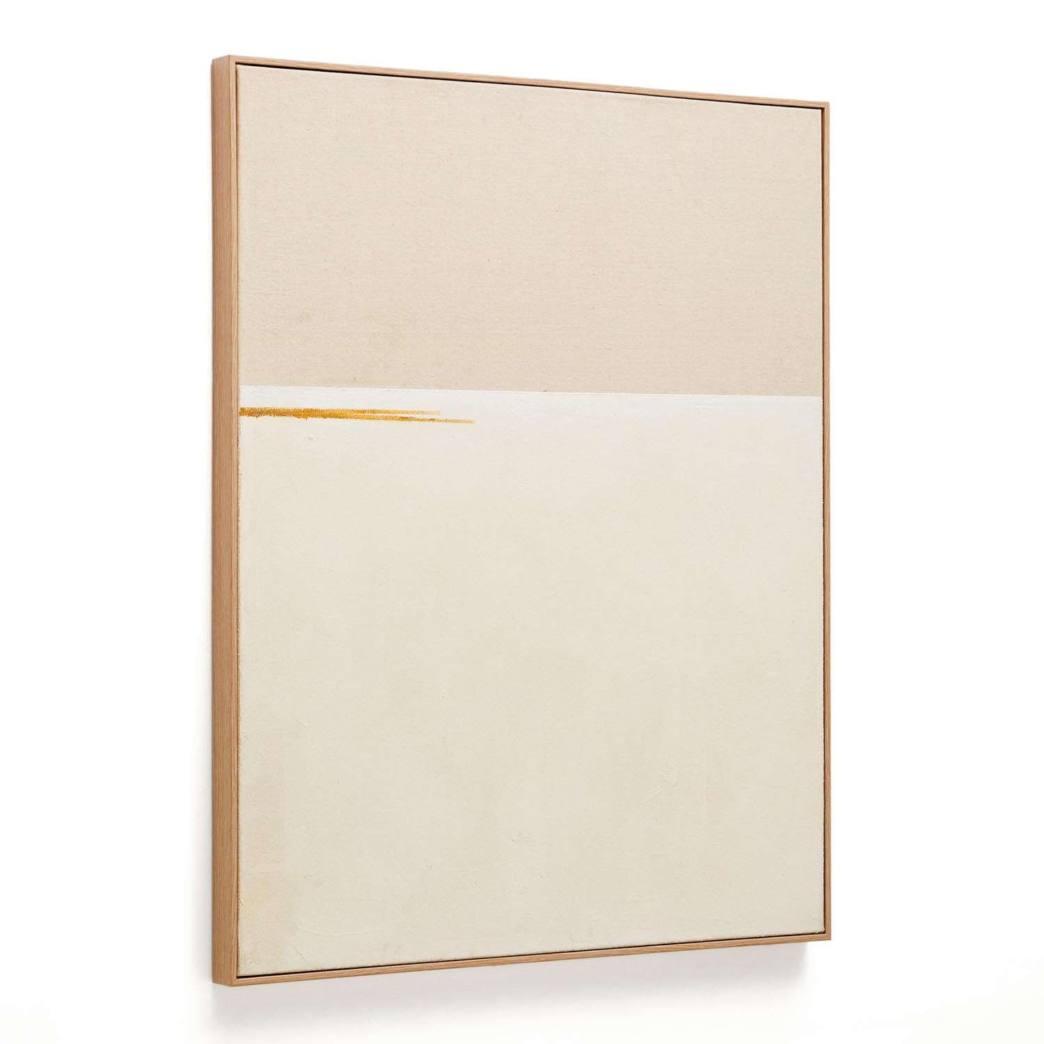 Elegantes Salin Bild von Kave Home: Zweifarbiger Beigeton, goldene Akzente, langlebiges Segeltuch und Kiefernholz.
