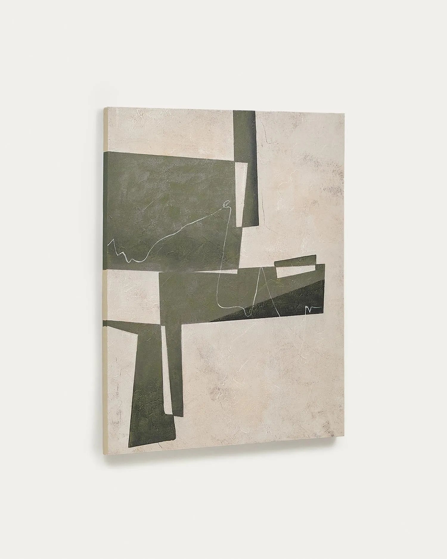 Abstrakte Leinwand Fida: Grüne Töne und dynamische Formen, 118x94 cm, für moderne, stilvolle Räume.