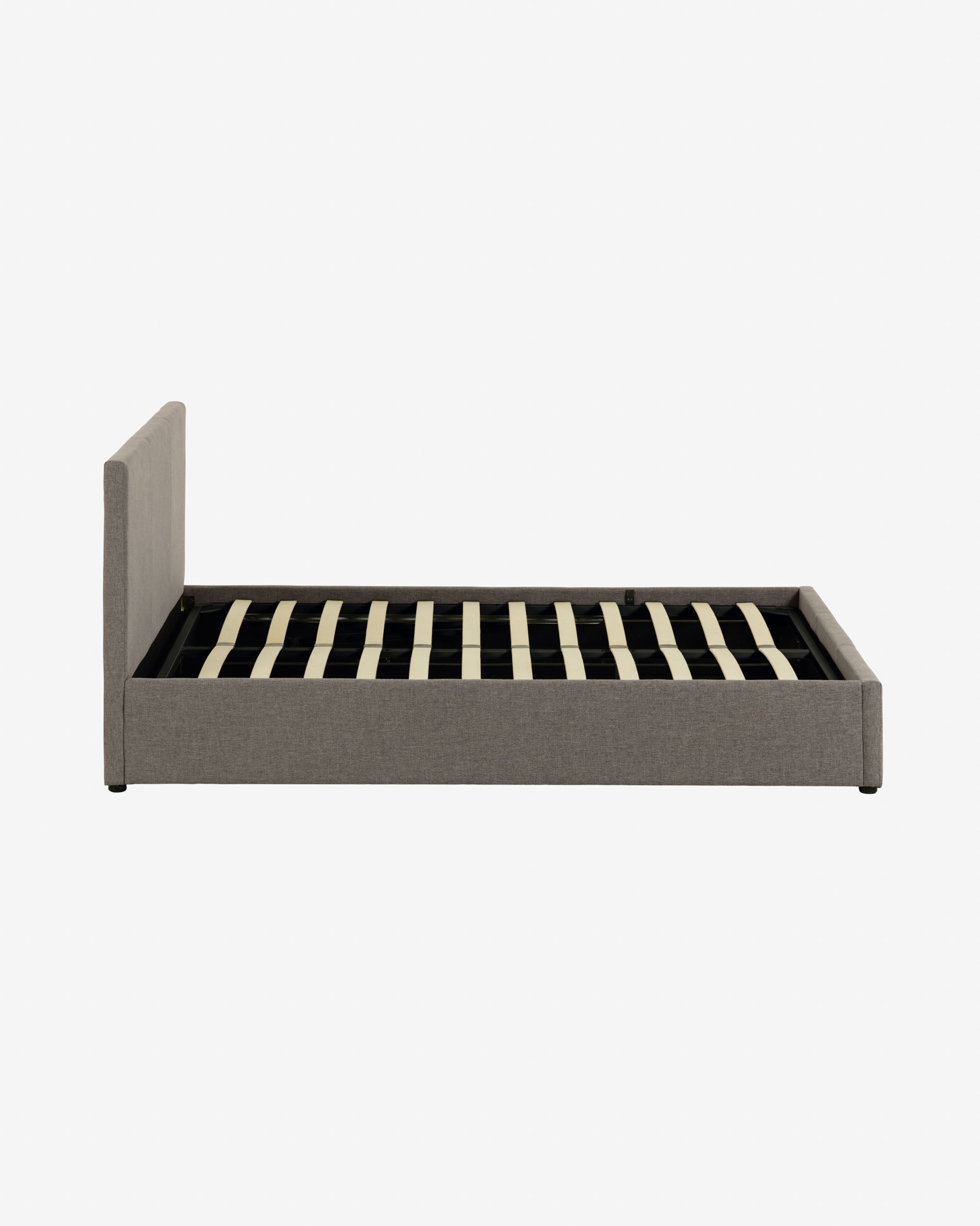 Modernes Nahiri Bett in Grau mit integriertem Stauraum, geeignet für 160x200 cm Matratzen, perfekt für stilvolle Schlafzimmer.