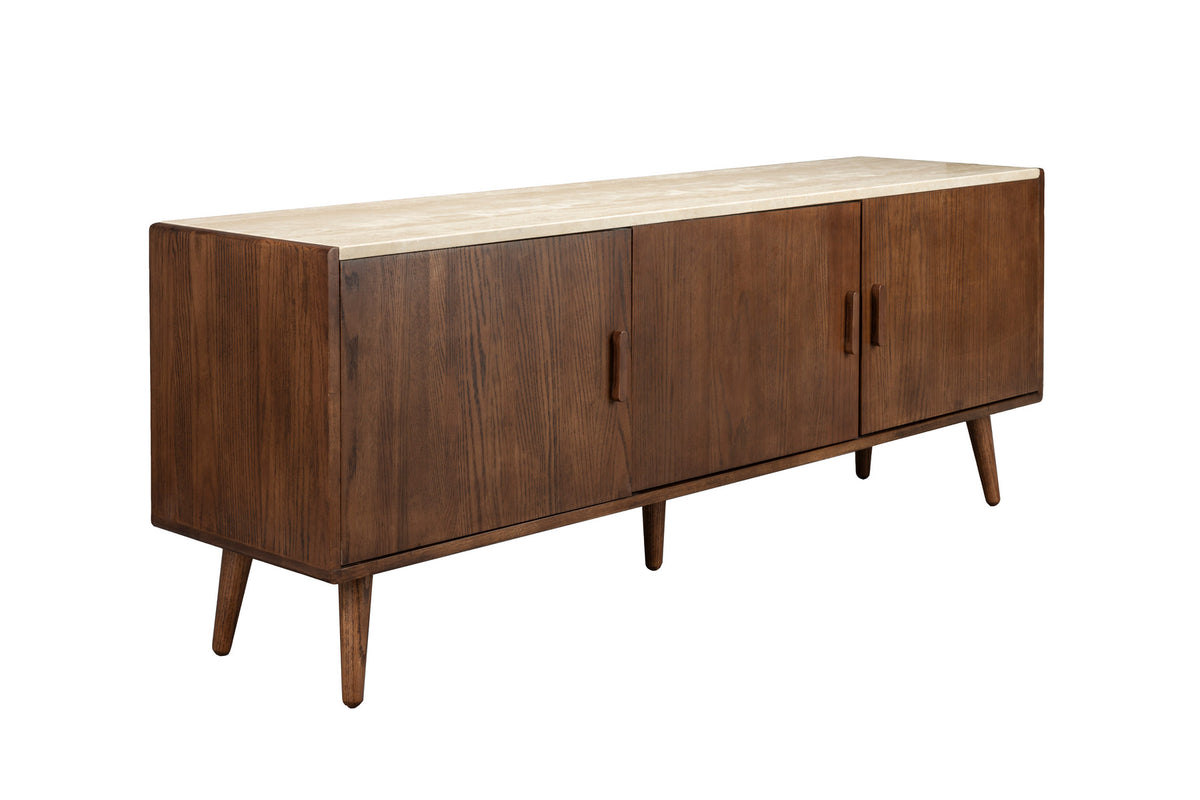 Sideboard Arda in Beige mit Eichenfurnier, walnussfarbener Oberfläche und schlanken Beinen