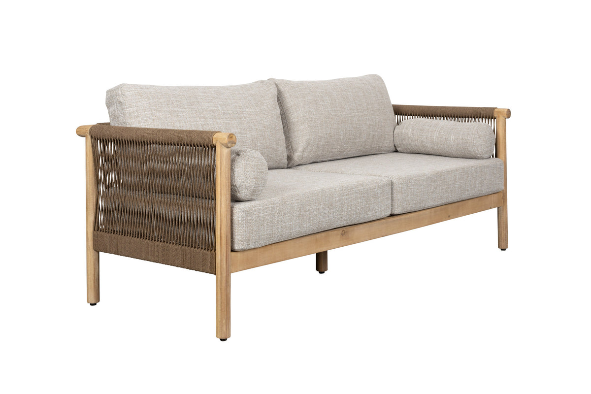 Beiges Outdoor-Loungesofa mit Akazienholzrahmen, Seil an den Lehnen und Couchtisch