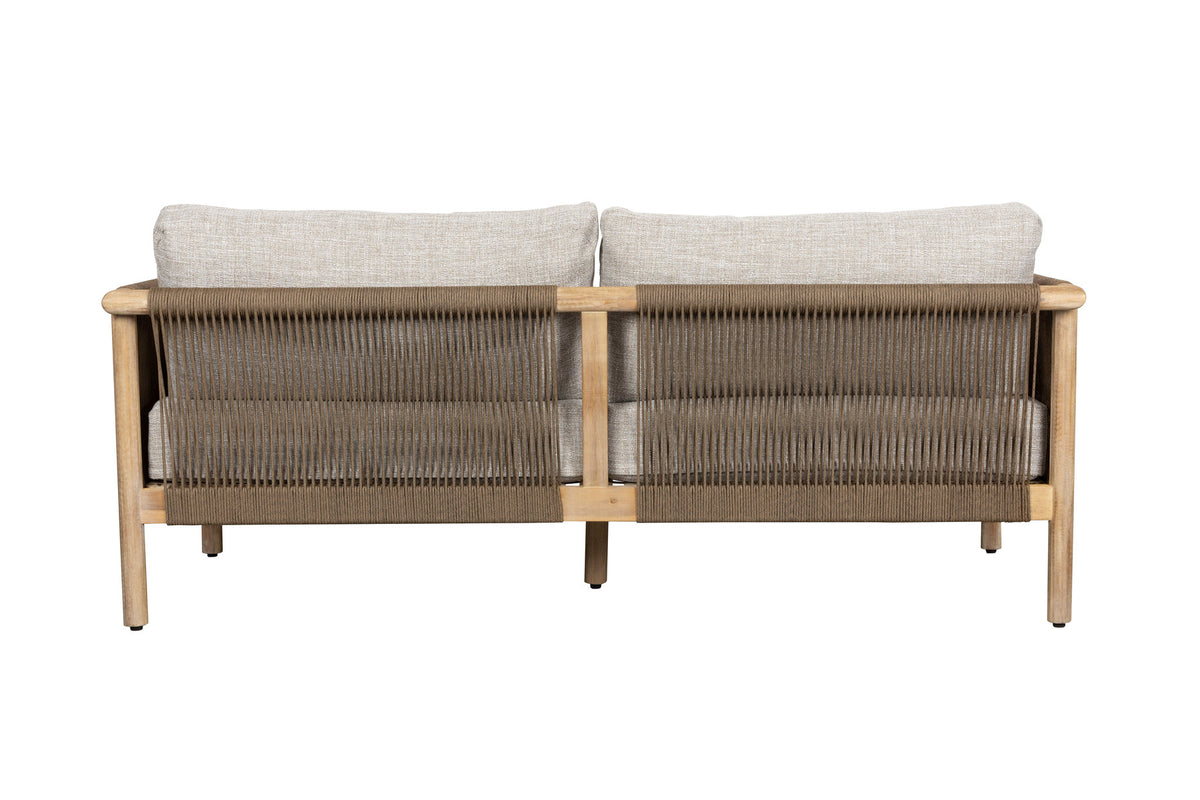 Beiges Outdoor-Loungesofa mit Akazienholzrahmen, Seil an den Lehnen und Couchtisch