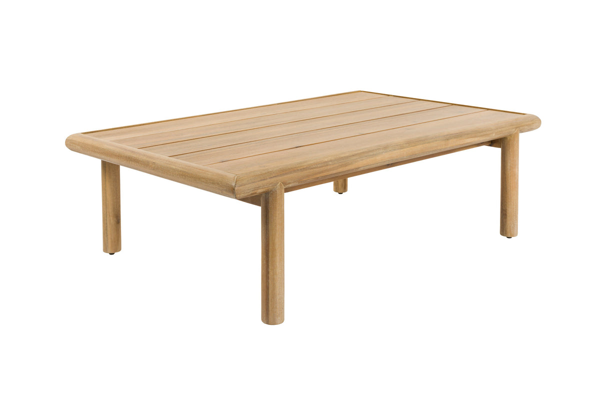 Beiges Outdoor-Loungesofa mit Akazienholzrahmen, Seil an den Lehnen und Couchtisch