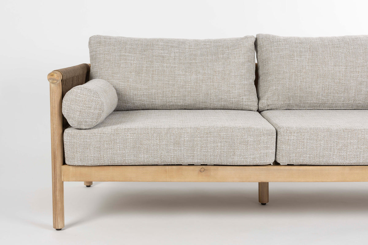 Beiges Outdoor-Loungesofa mit Akazienholzrahmen, Seil an den Lehnen und Couchtisch