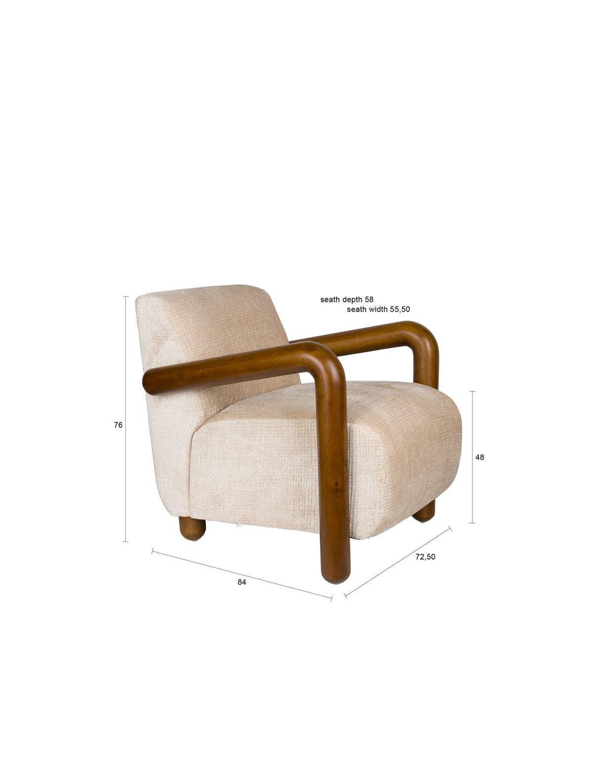 Beiger Loungesessel Robinson mit gebogenen Armlehnen und Beinen aus Mangoholz, gemustertes Polster