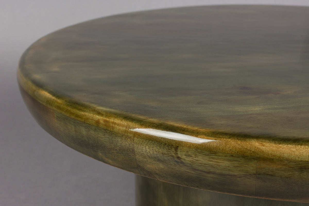 Grüner Couchtisch Mush in Pilzform aus Mangoholz mit glänzender Oberfläche und brauner Basis