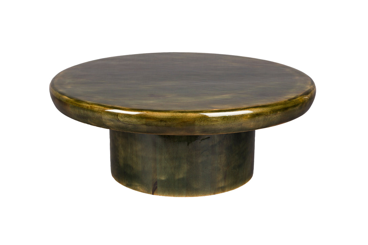 Grüner Couchtisch Mush in Pilzform aus Mangoholz mit glänzender Oberfläche und brauner Basis
