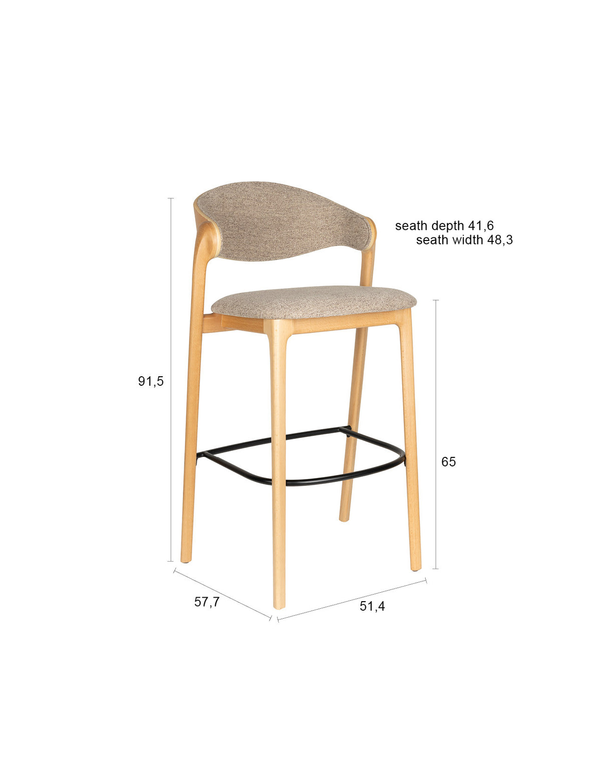 Barhocker Babington mit Holzgestell, gepolstertem Sitz und Rückenlehne aus hellem Stoff