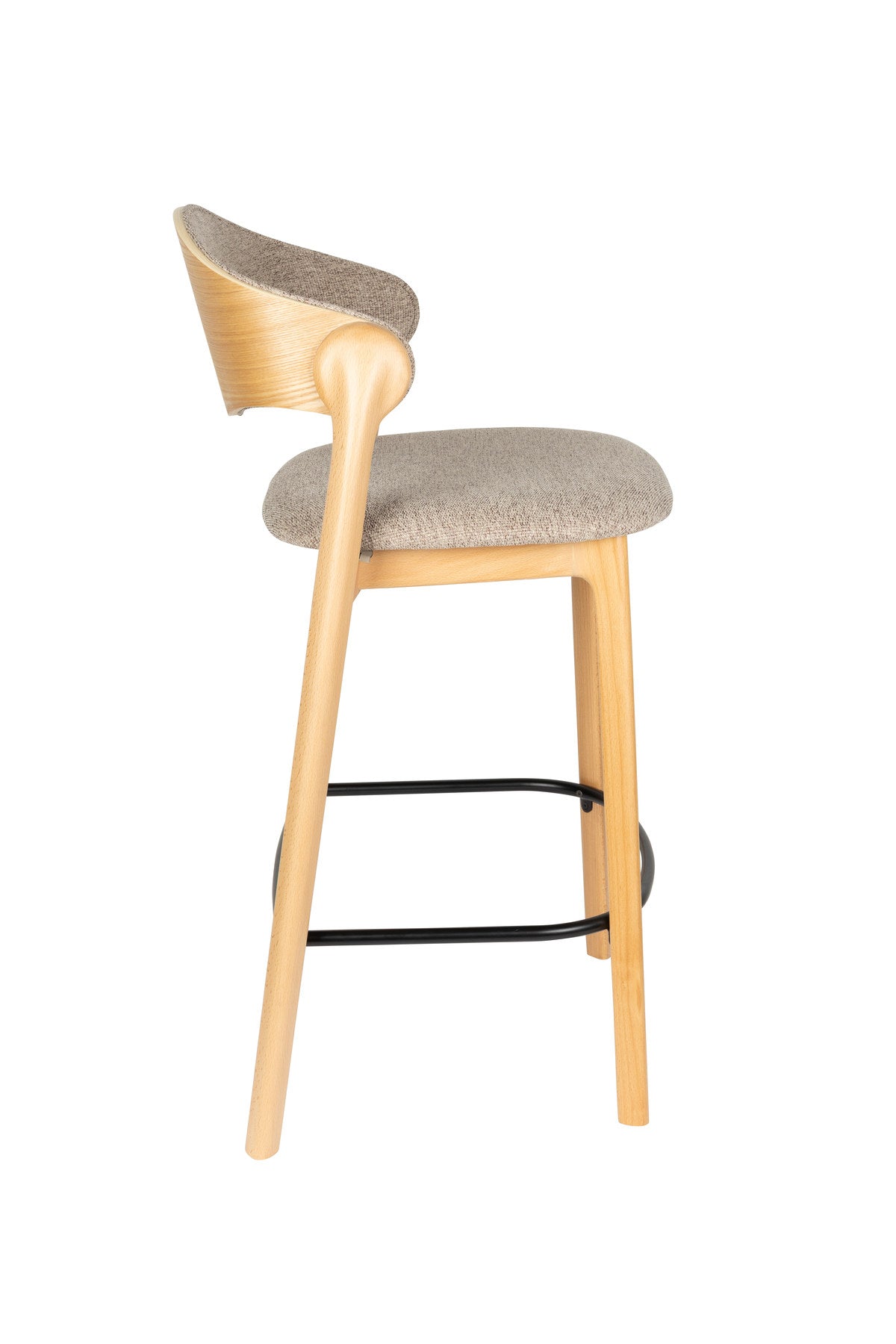 Barhocker Babington mit Holzgestell, gepolstertem Sitz und Rückenlehne aus hellem Stoff