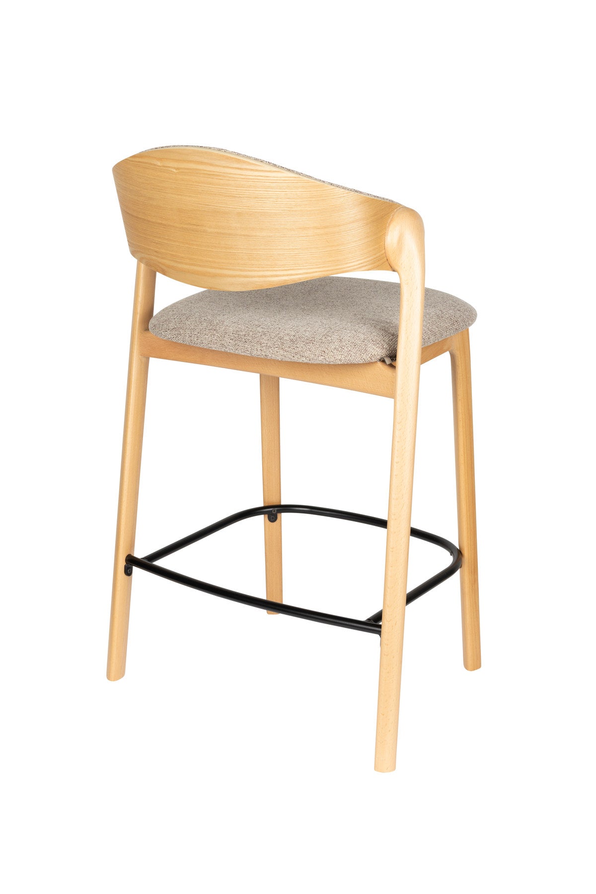 Barhocker Babington mit Holzgestell, gepolstertem Sitz und Rückenlehne aus hellem Stoff